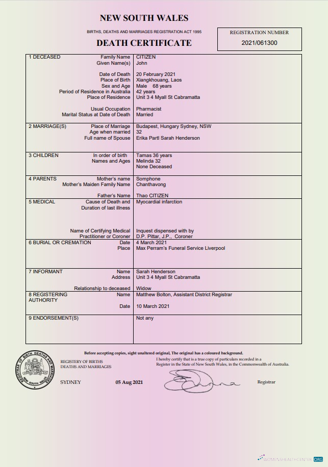 Download Australia New South Wales Death Certificate template in Word and PDF format Photoshop template